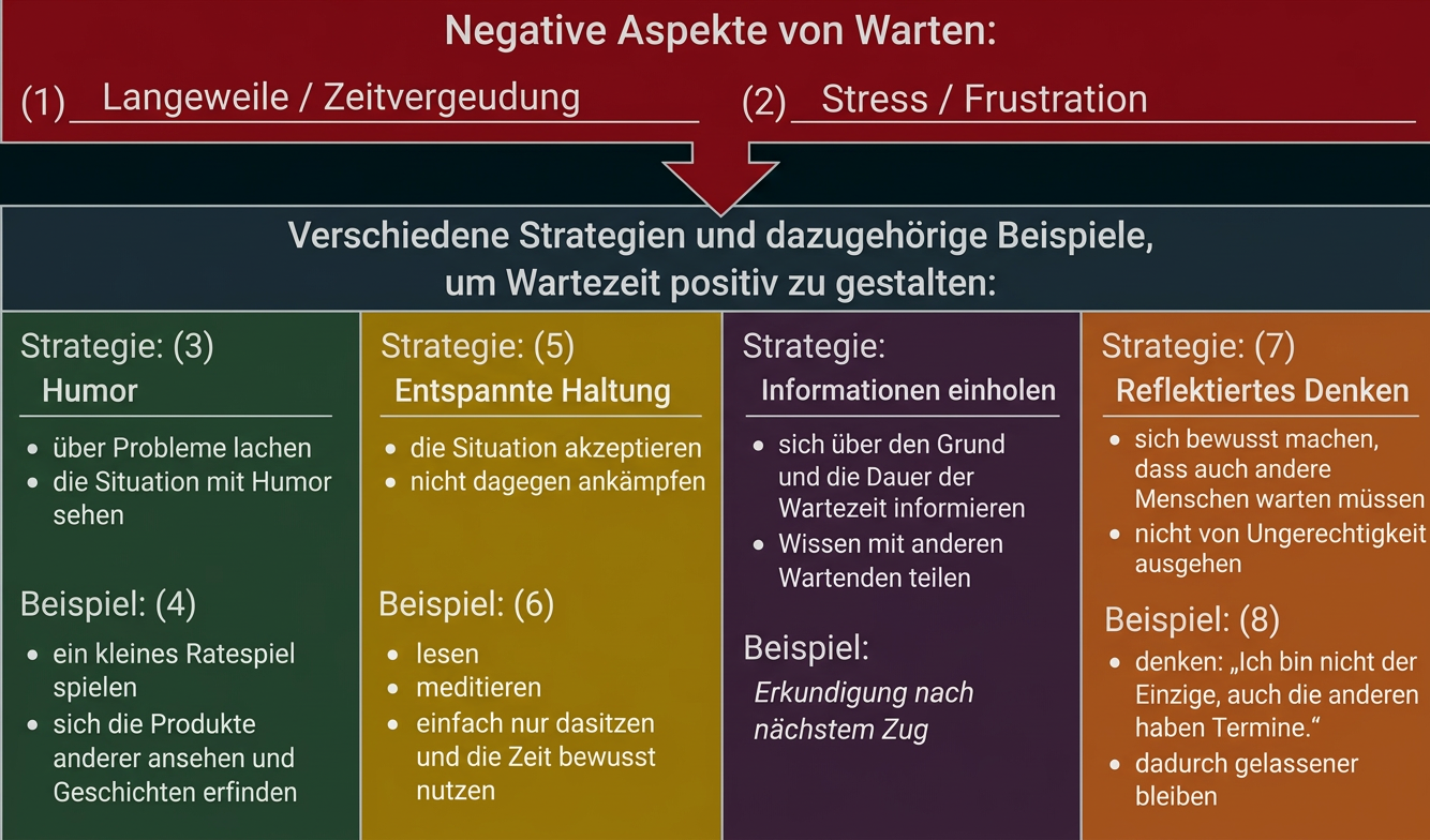 Übersicht zu negativen Aspekten des Wartens und Strategien für eine positive Gestaltung der Wartezeit.